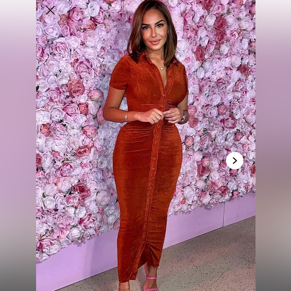 Fashion Nova Brown and Orange Ruched Maxi Gown